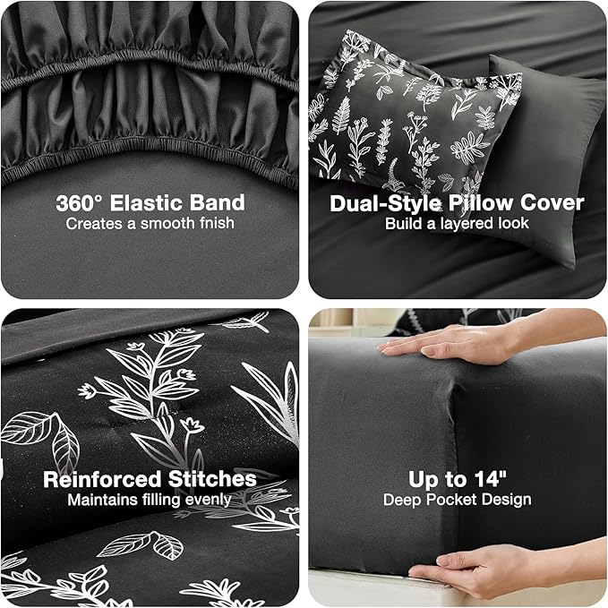 MUXHOMO Black Bed in a Bag Queen 7 Pieces, Queen Comforter Set Reversible Botanical Flowers Design, Ultra Soft & Breathable Bedding Sets with Comforter, Sheets, Pillowcases & Shams