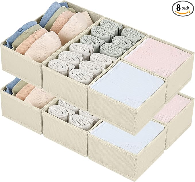 DIMJ Drawer Organizers for Clothing, Set of 8 Fabric Closet Organizers and Storage, Dresser Organizers, Drawer Dividers for Baby Clothes, Socks, Belt, Tie (Beige) by DiMJ