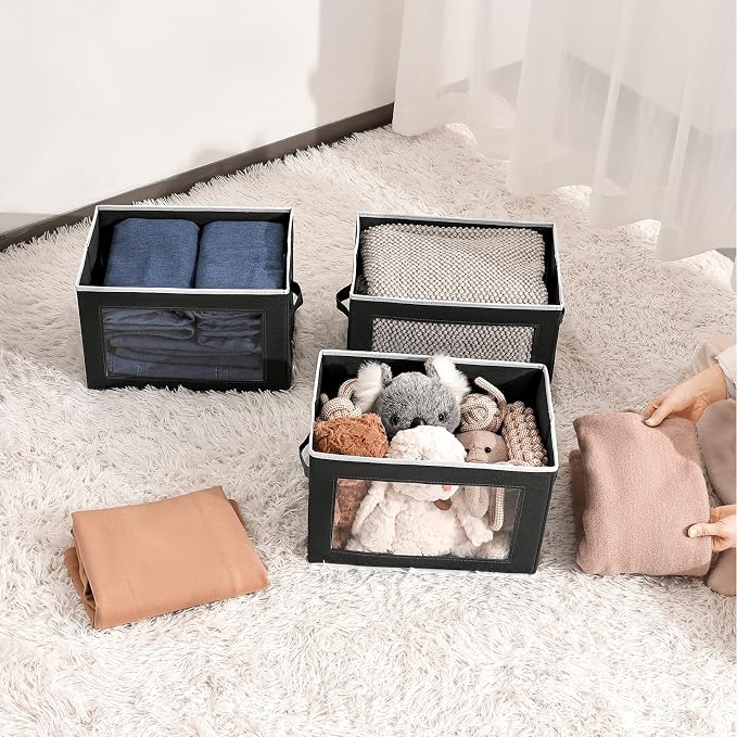 Homsorout Storage Boxes with Lids, Collapsible Storage Bins with Handles, Closet Storage Baskets with Window, Fabric Storage Containers for Organizing Clothes, Towels, Books, 3 Packs, Black - Image 6