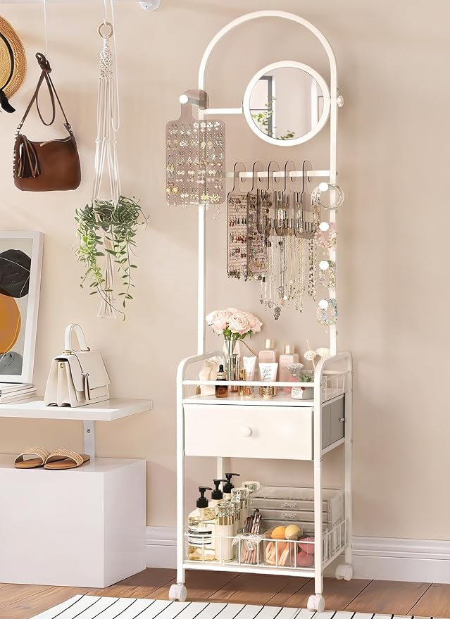 Keebofly Floor Jewelry Organizer with Adjustable Mirror, 67.52" Tall Jewelry Display Stand with 6 Acrylic Earring Necklace Pegboards, Mobile Jewelry Tower with Large Storage Drawer for Women by Keebofly