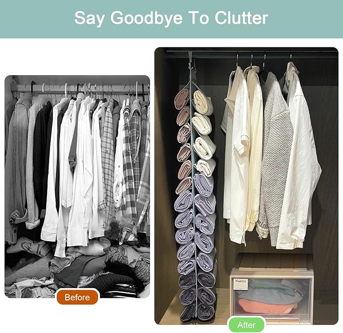 DHSFKBE Legging Organizer Storage - 2PCS T Shirt Organizer, Hanging Closet Organizers and Storage with 26 Roll Independent Compartments for Yoga Pants, Towel, Bathing Suit (Grey) - Image 3