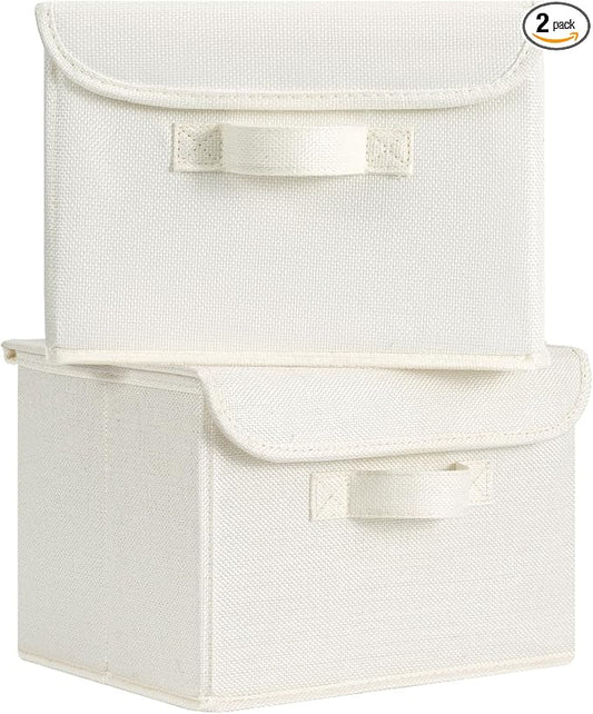 GRANNY SAYS Small Storage Bins with Lids, Small Storage Boxes, Shelf Baskets for Shelf, Collapsible Storage Bins for Living Room, Bedroom, 10x8x7 Inch, Ivory White, 2-Pack by GRANNYSAYS