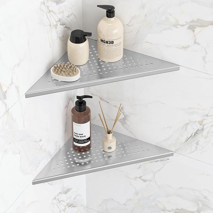 Qeke Corner Shower Shelves, 10” Recessed Tile Shower Shelf Brushed Nickel, 304 Stainless Steel Grout in Corner Tile Bathroom Shelves, No Drilling, 2 Pack by Qeke