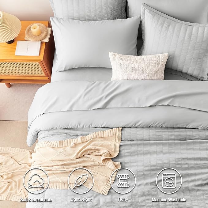 CozyLux Oversized Queen Comforter Set Light Grey Seersucker 7 Pieces 98x98 Bed in a Bag Comforter Set with Sheet, Luxury Bedding Set Down Alternative Comforter, Sheets, Pillowcases & Shams, Light Gray