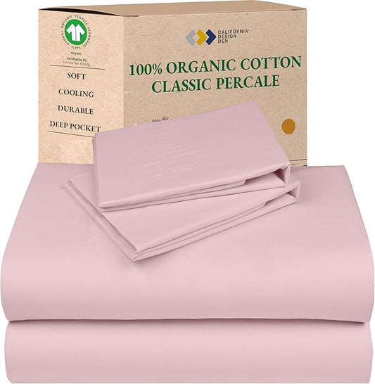 California Design Den 100% Organic Cotton Sheets King Size Deep Pocket Set - Soft and Crisp Percale King Sheet Set, Cooling and Durable Bedding (Pink - Chalky Tone)