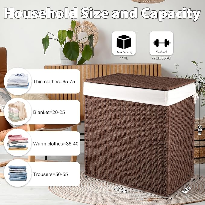 OIAHOMY Laundry Hamper with Lid, 110L(29.1 Gal) Large Wicker Laundry Basket for Bedroom, Handwoven Paper Rope Clothes Hamper with Washable Liner & Metal Frame, Decorative organizer for Bathroom Brown - Image 2