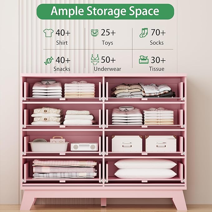 Xixini Fluted Dresser for Bedroom with 8 Drawers, 48" Wide Modern Chest of Drawers with Metal Handle, Wooden Dresser TV Stand, Wood Closet Clothes Storage Organizer for Living Room, Hallway, Pink
