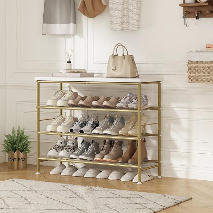 SUOERNUO Shoe Rack Organizer 4 Tier for Closet Entryway Free Standing Metal Storage Shoe Shelf with MDF Top Board，Gold - Image 4