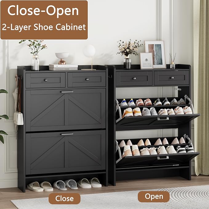 Shoe Cabinet with 2 Flip Drawers & 2 Top Drawers, 43" Tall Freestanding Narrow Wooden Shoe Storage Organizer for Entryway, Hidden Slim Shoe Rack for Front Door Entrance, Hallway, Living Room, Black - Image 4