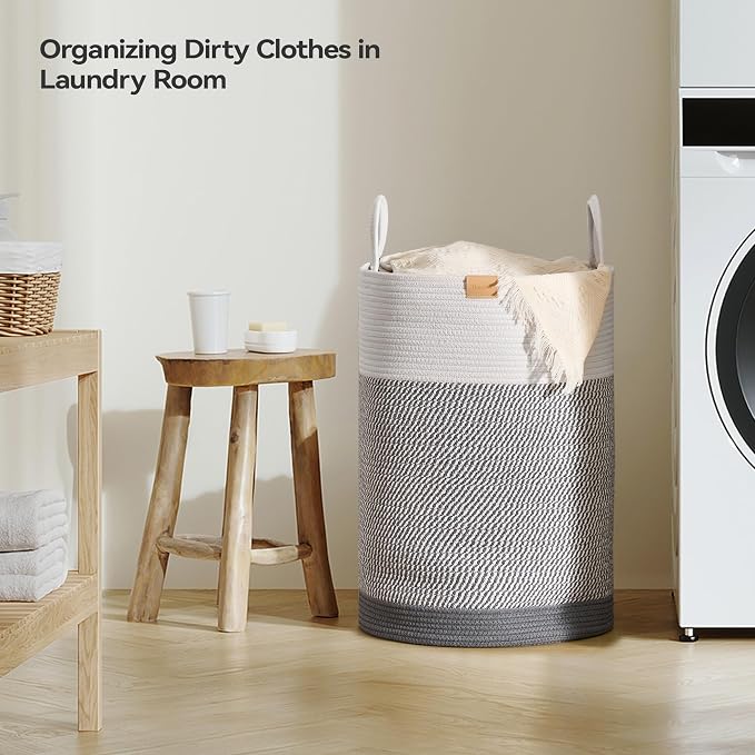 Nunsino Laundry Hamper 75L,Large Laundry Basket for Clothes,Decorative Storage Basket for Blankets,Cotton Rope Woven basket for bedroom,Grey White - Image 3