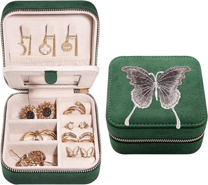S.Leaf Travel Jewelry Organizer Boxes for Women Small Portable Necklace Earrings Bracelet Rings Travel Case Best Friend Birthday Gifts for Women Trendy (Butterfly_Green_Gray) by SLeaf