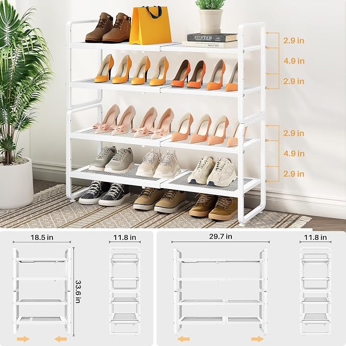 SNTD Shoe Rack - Expandable Shoe Organizer for Closet, Adjustable Metal Shoe Shelf Storage, Stackable Long Shoe Stand Holder for Garage, Entryway, Door Entrance (White, 4-Tier) - Image 3