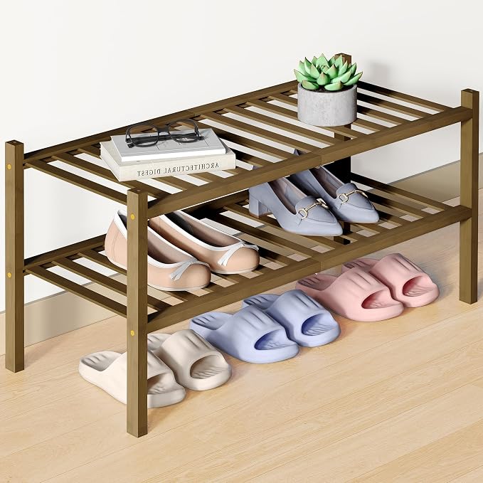 Smiry Bamboo Shoe Rack for Closet, 2 Tier Wooden Stackable Shoe Organizer, Free Standing Shoes Storage Shelf for Entryway, Front Door Entrance, Walnut by Smiry