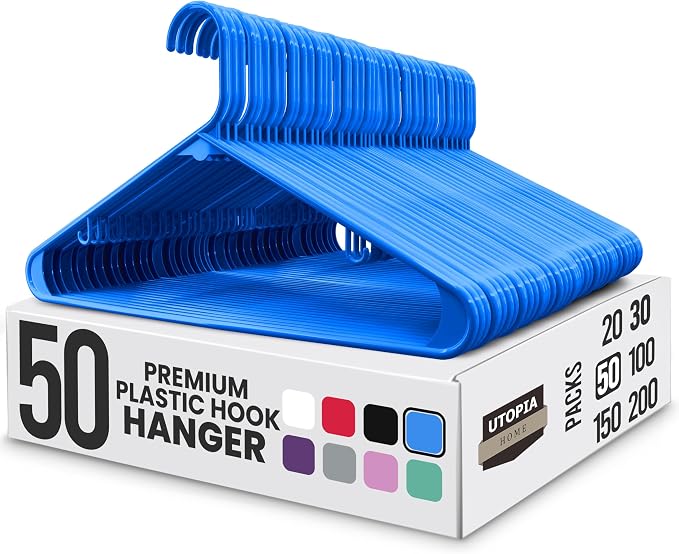 Utopia Home Plastic Hangers 50 Pack - Space Saving Clothes Hanger - Durable & Strong Closet Organizers and Storage with Built-in Strap Hooks - Essential for Shirts, Pants, Skirts & Coats (Blue) by UTOPIAHOME