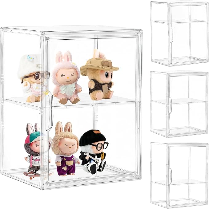 Acrylic Display Case with Removable Shelf, 2 Tier Clear Plastic Stackable Storage Bins with Magnetic Lids, Figure Display Case for Collectibles Cosmetic Acrylic Box, 4 Pack by LXLXXL