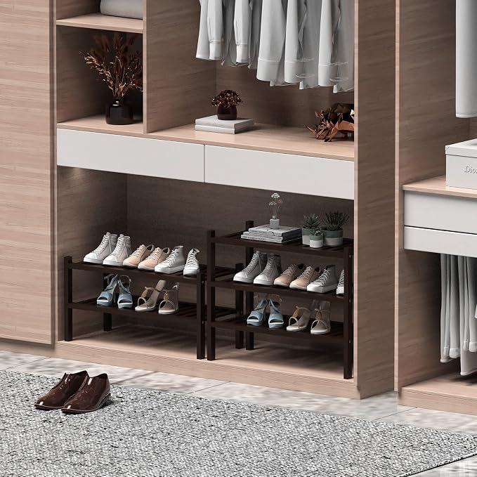 ROMGUAR CRAFT 2 Tier (Thick) Bamboo Shoe Rack for Closet Free Standing Wood Shoe Shelf for Entryway Small Space Stackable 27"x12"x14" (Black Brown) - Image 4