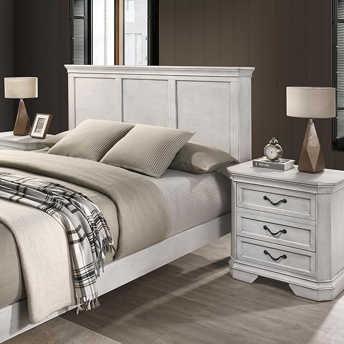 Roundhill Furniture Maderne Wood Panel Bed with Two Nightstand, Queen, Antique White Finish