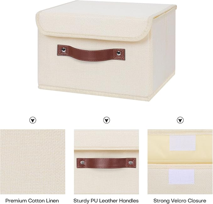 ANMINY 4PCS Storage Bins with Lid PU Leather Handles Storage Boxes PP Plastic Board Decorative Foldable Lidded Cotton Linen Fabric Home Cubes Baskets Closet Organizer Containers - Beige, Small Size - Image 3