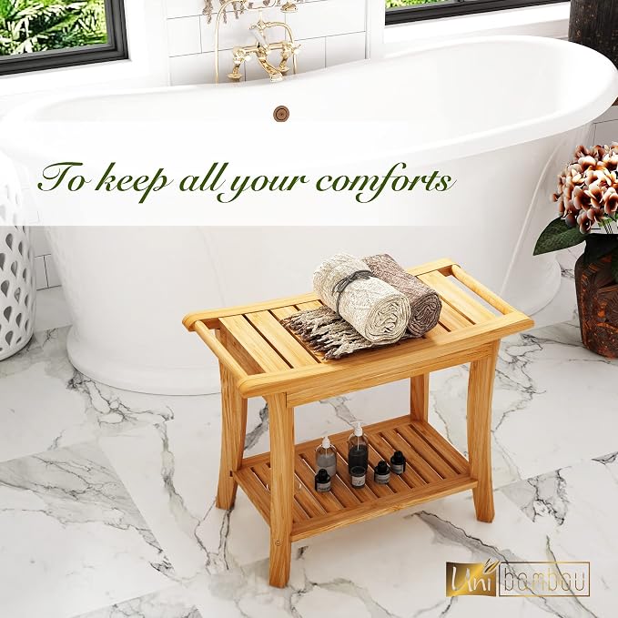 Unibambou Bamboo Shower Bench with Storage Shelf, Spa Bath Chair for Bathroom, Seat or Organizer for Living Room, Bedroom and Garden - Great for All Ages Unisex Elderly (Large, Natural) - Image 2