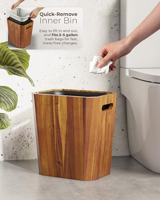 BLUEWEST 2.6 Gallons Acacia Wooden Wastebasket with Lid & PP Liner – Small Trash Can for Bathroom, Bedroom, Office – Decorative Wood Bin with Handle for Under Counter Use - Image 6