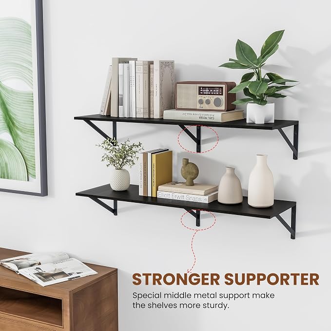 Heimlove Black Deep Floating Shelves for Wall, 36W x 12D Wood Wall Shelves Set of 2, Wide Floating Bookshelf for Living Room, Kitchen, Office, Bedroom and Decor Storage, with Metal Bracket - Black - Image 4