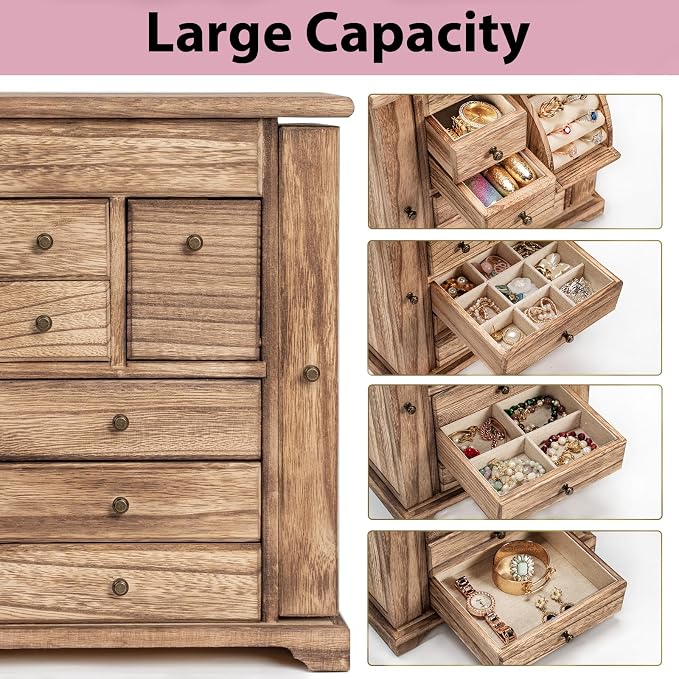 Jewelry Box for Women, Rustic Wooden Jewelry Boxes & Organizers with Mirror & Drawers,6 Layer Jewelry Organizer Box for Rings Earrings Necklaces Bracelets (Carbonized Black) - Image 6