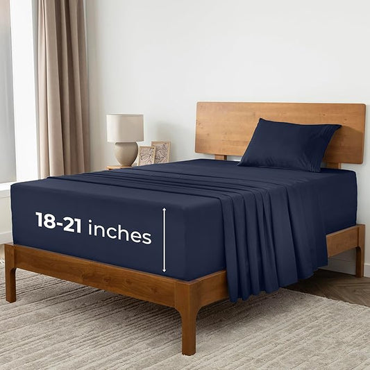 Mellanni Extra Deep Twin XL Sheets - 3 PC Iconic Collection Bedding - Hotel Luxury, Ultra Soft, Cooling Bed Sheets - Wrinkle, Fade, Stain Resistant (Twin Extra Long, Navy Blue)