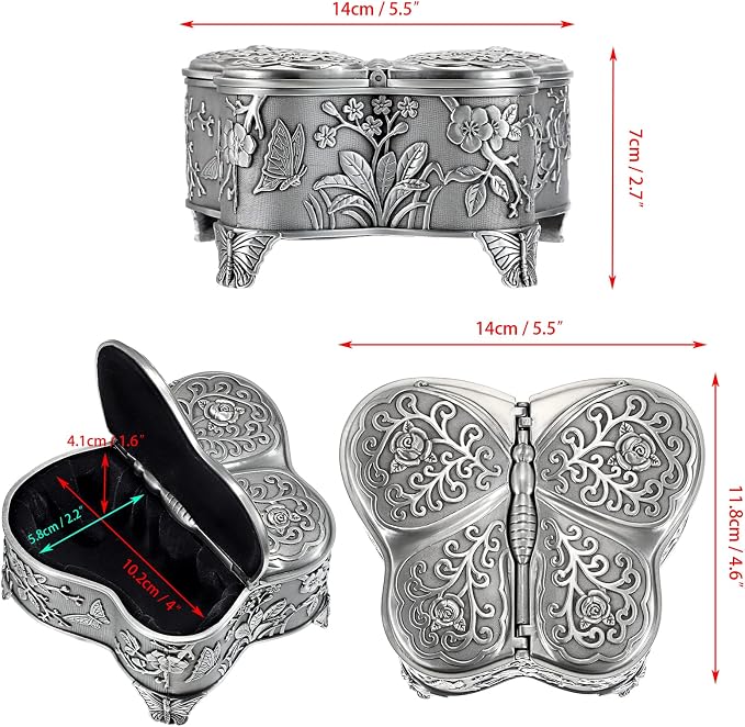 Hipiwe Antique Metal Jewelry Box Butterfly Shape Jewelry Organizer Vintage Trinket Storage Box Treasure Chest Ring Holder Earrings Necklace Storage Box Decorative Metal Box for Women, Large - Image 7