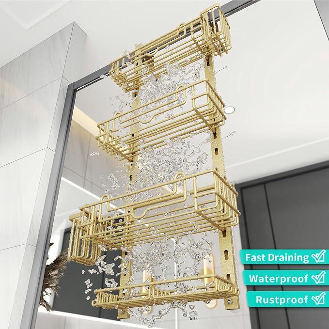 HapiRm Hanging Shower Caddy Organizer - Shower Shelf with 22 Hooks and 2 Toothbrush Holders, No Drilling Adjustable Hanging Bathroom Organizer - Gold - Image 4