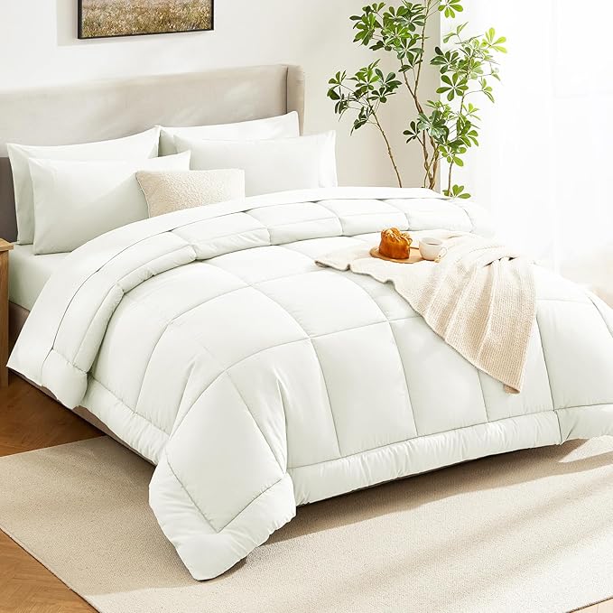 CozyLux King Size Comforter Set Ivory, 7 Pieces Bed in a Bag, Ivory Comforter King Size, Bedding Sets with All Season Quilted Comforter, Flat Sheet, Fitted Sheet, Pillowcases