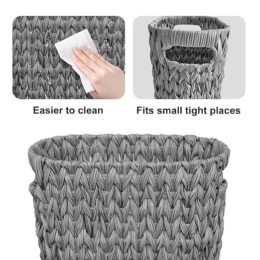 Coeusy 5 Gallon Wicker Trash Can,Wicker Bathroom Trash Can with Handles,Handwoven Waste Basket Waterproof Narrow Small Garbage Can for Bedroom,Bathroom,Office,Grey/20 Liters - Image 6
