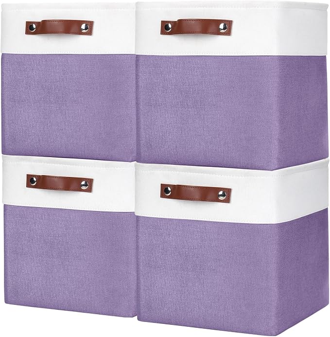 Bagnizer Collapsible Fabric Storage Cubes 11x11 Cube Storage Bins, 4 Pack Closet Baskets Box with Handles for Organizing, Shelf, Toys, Clothes, Home, Office, Nursery (Purple&White) by Bagnizer