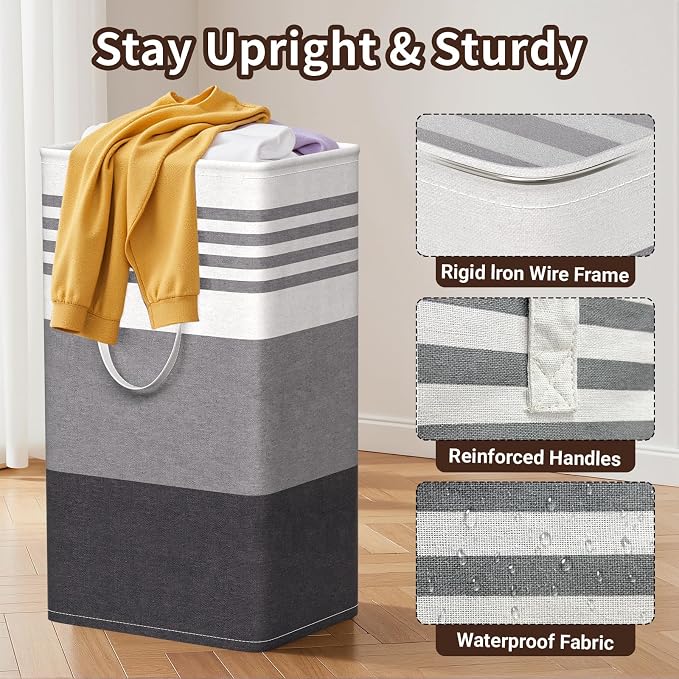 WOWBOX 2 Pack Laundry Baskets, Laundry Hampers, Freestanding Dirty Clothes Hampers with Reinforced Handles & Cross Stitch & Waterproof Coating, for Laundry Bedroom Bathroom Dorm,88L Grey - Image 3