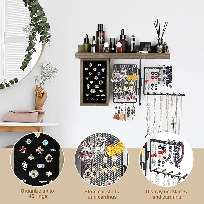 SOLIMINTR Hanging Jewelry Organizer Wall Mount Holder with Rustic Wood Shelf, Ring Display Box, Ear Studs Earring Holder, Rotating Necklace for Gothic Goth Accessories - Image 2