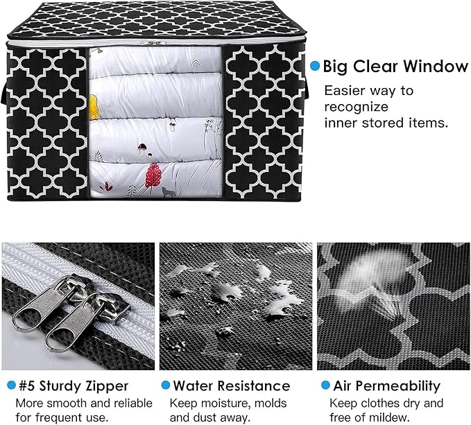 WISELIFE Storage Bags 100L 4-Pack Large Blanket Clothes Organization and Storage Containers for Bedding, Comforters, Foldable Organizer with Reinforced Handle, Clear Window, Sturdy Zippers, Black
