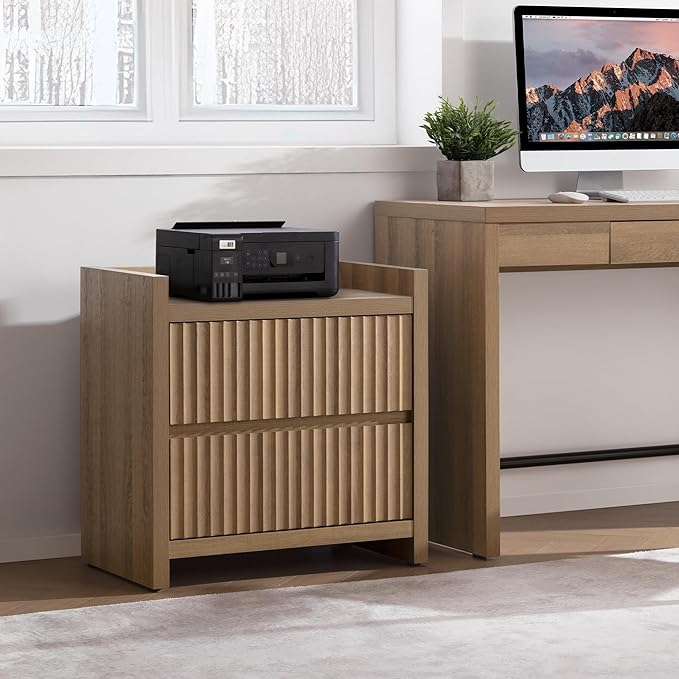 SICOTAS Night Stand Fluted Nightstands with Charging Station-Modern 2 Drawers Nightstand 25" Tall Bedside Table End Table, Large Night Stands for Bedroom, Sofa Side (Caramel Oak, 1 Piece)