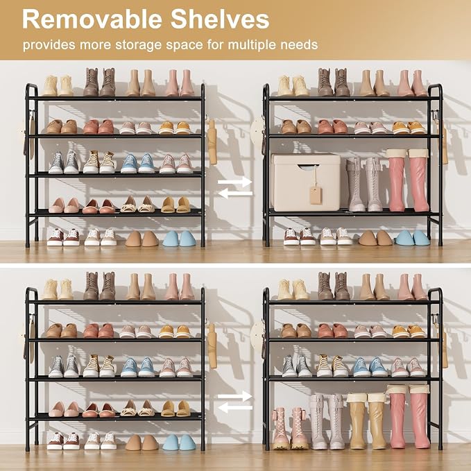 VILICK 4-Tier Shoe Rack 33" Wide Metal Shoe Organizer Long Shoe Storage with 4 Side Hooks Sturdy Shoes Shelf for Closet, Front Door Entrance, Garage, Dorm, Black - Image 6