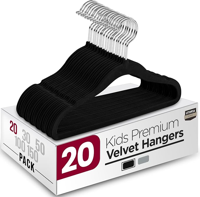 Utopia Home Kids Velvet Hangers 20 Pack – 11 Inch Non-Slip Baby Hangers for Baby and Toddlers, Durable Ultra-Slim Space-Saving Closet Organizers (Black) by UTOPIAHOME