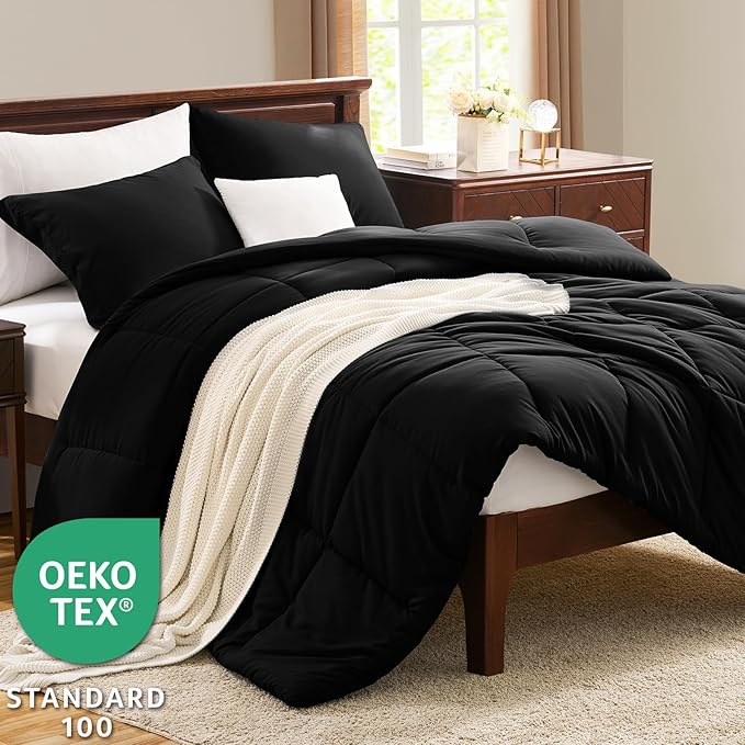 CozyLux Twin/Twin XL Comforter Set Black - 2 Pieces Box Stitched Twin Bed Set for Teen Boys and Girls with All Season, Soft Lightweight Bedding Sets with 1 Down Alternative Comforter and 1 Pillow Sham