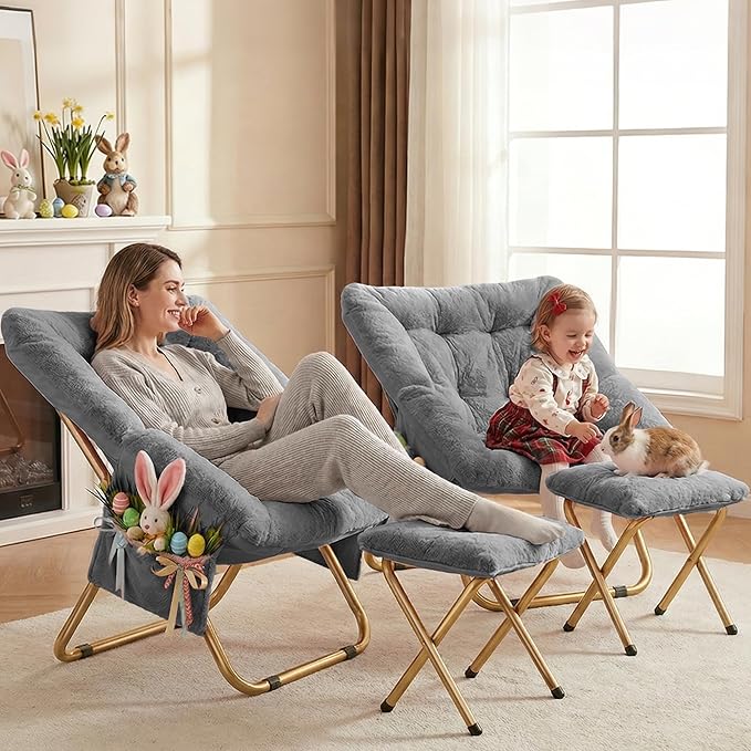 Kasunpul Comfy Saucer Chair, Foldable Living Room Chairs, Soft Faux Fur Lounge Chair for Bedroom, Reading Chairs for Adults, Teens, X-Large (Grey)