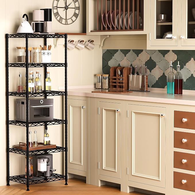 GIOTORENT 6-Tier Storage Shelves Standing Shelving Metal Units, Adjustable Height Wire Shelf Display Rack for Pantry Laundry Bathroom Kitchen 16.6” x 11.8” x 63”, Black - Image 2