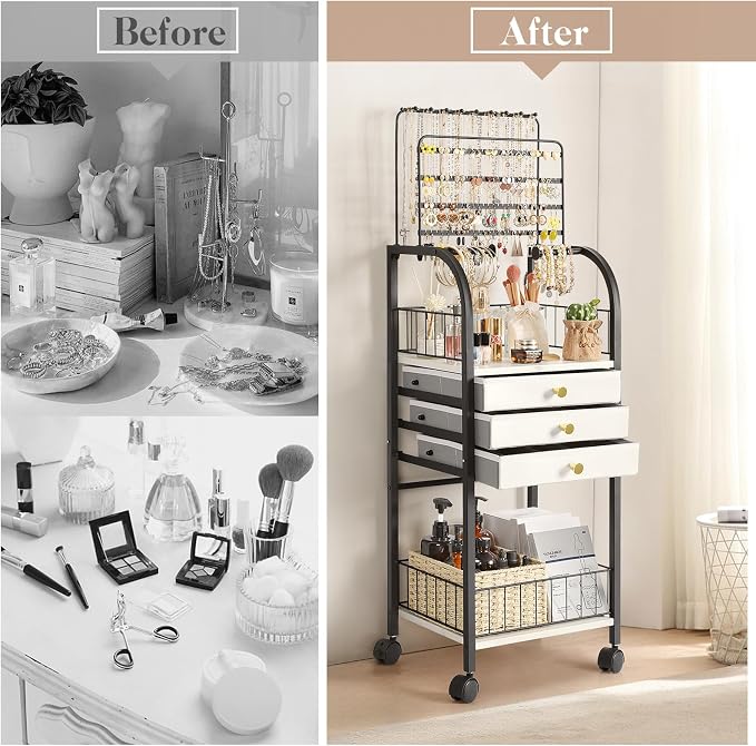 Keebofly Large Jewelry Organizer Stand with 3 Drawers, Floor Display Holder with Necklace, Earring, Bracelet, Ring Storage — Rolling Armoire Tower for Bedroom or Closet (Black) - Image 4