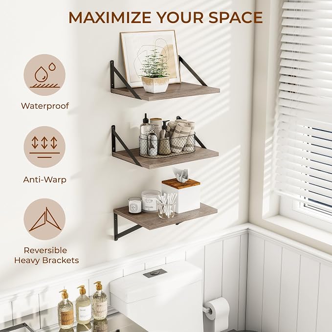 Heimlove Deep Floating Shelves for Wall, 12 Inch Deep Floating Shelves Set of 3, 16W x 12D Wood Wall Shelves, Wide Wood Shelves with Metal Bracket for Living Room, Kitchen, Office, Bedroom - Grey - Image 4
