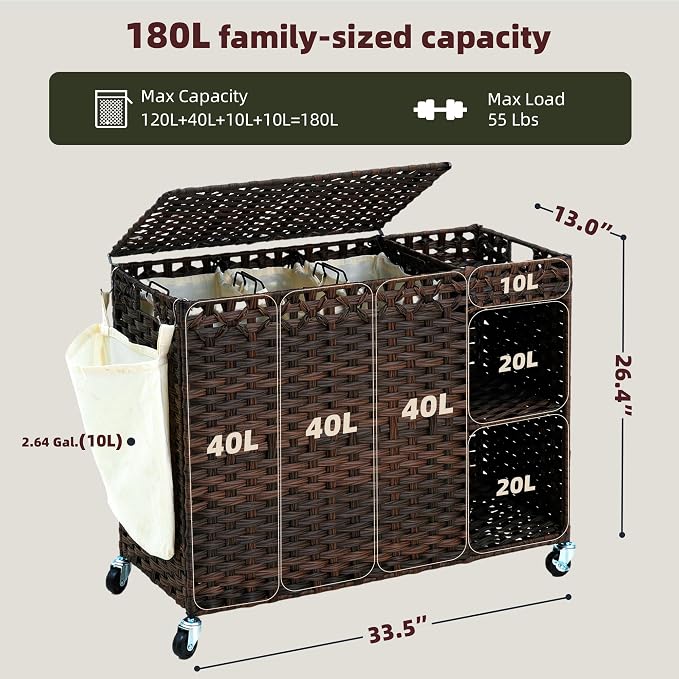 Laundry Hamper with Lid, 160L Rattan Wicker Laundry Basket with Wheels, Handwoven Laundry Hamper 3-Section with Storage shelf(42.3 Gal), Laundry Sorter Basket with Removable Liner,Brown HLH033BR - Image 4