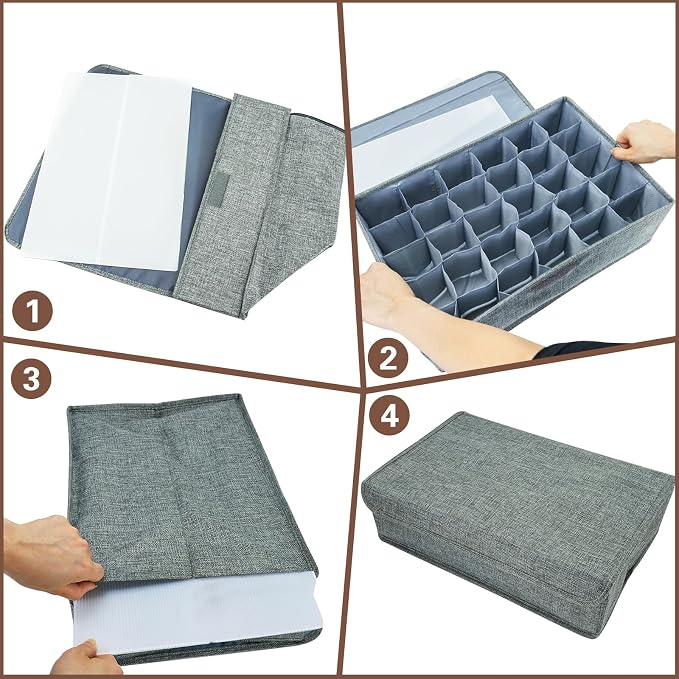 PINGMIC Gray Sock Organizer Divider 2 Pack with Lid - 30 Cell Foldable Closet Storage, Tie Organizer For Men Boxes for Socks, Ties, Belts - Image 7