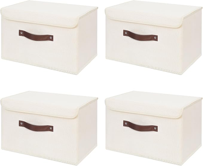 ANMINY 4PCS Storage Bin with Lid Storage Boxes with PU Leather Handles PP Plastic Board Decorative Foldable Lidded Cotton Linen Fabric Home Cubes Baskets Closet Organizer Container - Beige, Medium by ANMINY