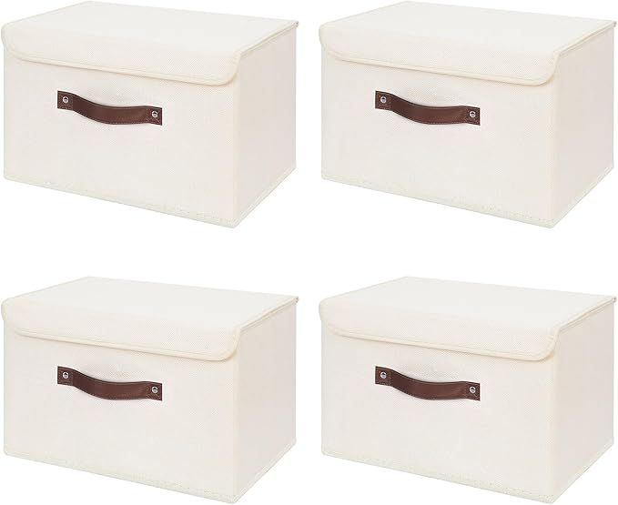 ANMINY 4PCS Storage Bins with Lid PU Leather Handles Storage Boxes PP Plastic Board Decorative Foldable Lidded Cotton Linen Fabric Home Cubes Baskets Closet Organizer Containers - Beige, Large Size by ANMINY