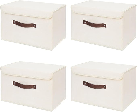 ANMINY 4PCS Storage Bins with Lid PU Leather Handles Storage Boxes PP Plastic Board Decorative Foldable Lidded Cotton Linen Fabric Home Cubes Baskets Closet Organizer Containers - Beige, Large Size by ANMINY