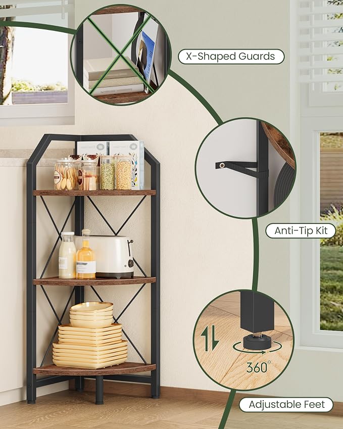 CHOEZON 3-Tier Corner Shelf, Industrial Corner Bookshelf, 35.4" Storage Stand, Plant Stand Display Shelf, Bookcase for Bedroom, Living Room, Home Office, Rustic Brown and Black TCJ03BF - Image 4