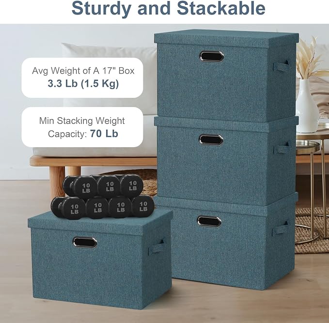 Graciadeco Large 17" 36 Quart Collapsible Stackable Storage Bins with Lids, 3 Packs Blue-Green Linen Fabric Closet Boxes with Lids, Storage Cube Baskets Container Organizers for Bedroom (17x12x11) - Image 3